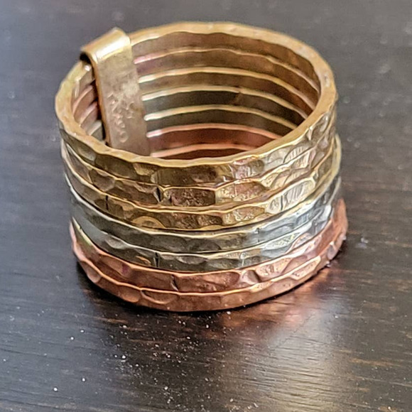 Boutique Jewelry - Tricolor Tri Metal Seven layer Gypsy Ring Hammered Silver Bronze Copper